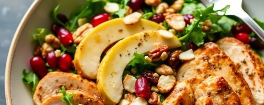 Warmer Hühnersalat mit Obst, Rucola & Miso-Sauce