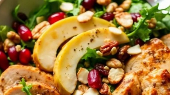 Warmer Hühnersalat mit Obst, Rucola & Miso-Sauce